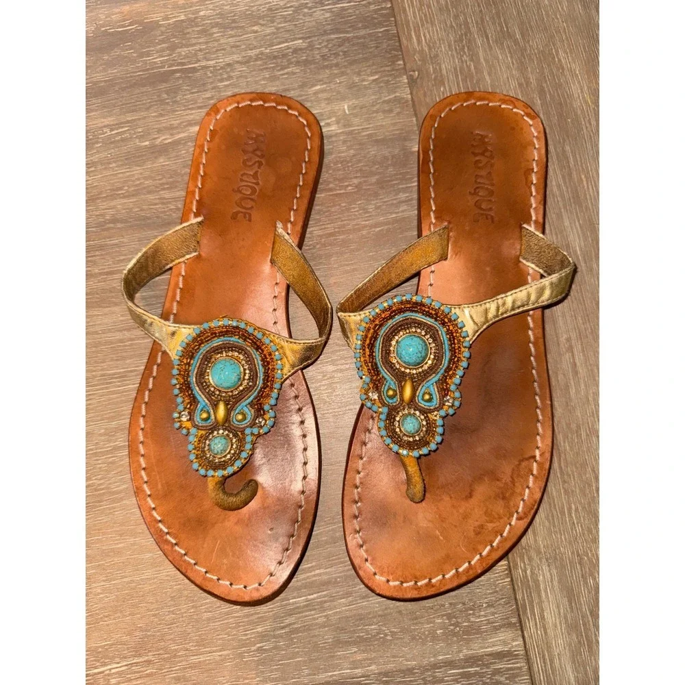 Mystique Beaded Thong Sandals Turquoise Embellished Gold Straps Size‎ 7 - Picture 2 of 7